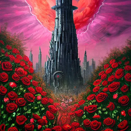 Prompt: highly detailed painting of the dark tower surrounded by a field of roses, trending on Artstation