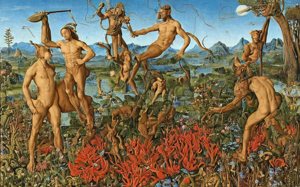 Image similar to a portrait photograph of a meditating satyr and a centaur monk riding a rocket machine and hunting at a river delta. surrounded by bulbous flowers and trees. mountain range under a blue sky of fiery stars. by jan van eyck, max ernst, ernst haeckel, ernst fuchs and artgerm, cgsociety, fashion editorial, 8 k