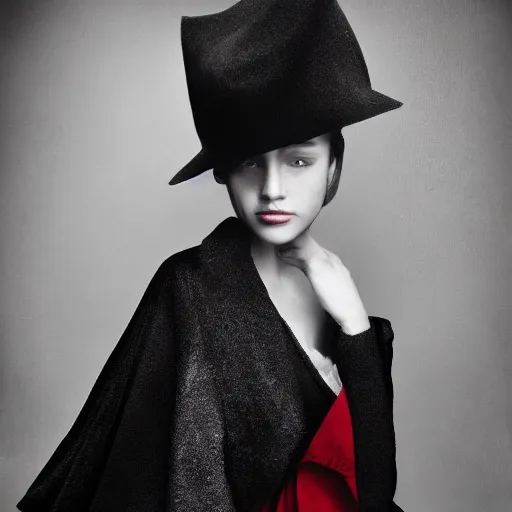 Image similar to half - length portrait of girl in a red hat and black dress, fine art portrait photography by paolo roversi, volumetric lighting, very detailed, high resolution,