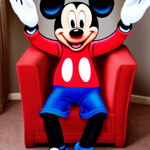 Image similar to Mickey Mouse sitting in a chair waving.