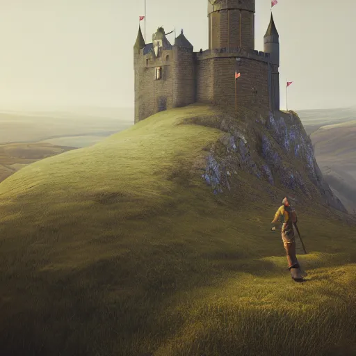 Image similar to a king ruling over a tower of a castle on some hills in england, cinematic, cgsociety, hyper detailed, octane render, unreal engine, foggy, middle of the day, photorealistic