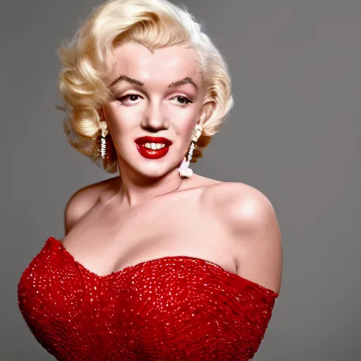 Image similar to Stunning studio photograph of Marilyn Monroe in a red dress smiling slightly for the camera, XF IQ4, f/1.4, ISO 200, 1/160s, 8K, RAW, unedited, symmetrical balance, in-frame, sharpened