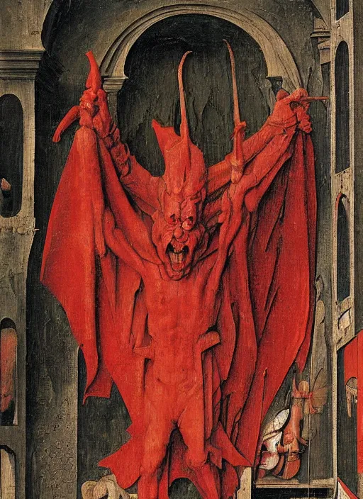 Image similar to red devil Gargoyle, Medieval painting by Jan van Eyck, Hieronymus Bosch, Florence