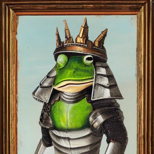 Prompt: frog wearing knight armor, painting