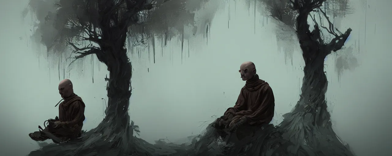 Image similar to duotone noir illustration close up of bald merchant demon sitting below willow tree in medieval brown tunic. foggy evening. dark dream atmosphere with cinematic hellish light, by sachin teng and sergey kolesov and ruan jia and heng z. graffiti art, scifi, fantasy, hyper detailed. octane render. concept art. trending on artstation