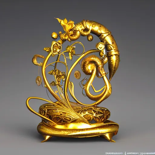 Image similar to art nouveau gold mochi shaped sculpture with filigree faberge orchid betta whiplash forest liquid lightshow spiral organic natural forms designed by giger, 8 k, octane render