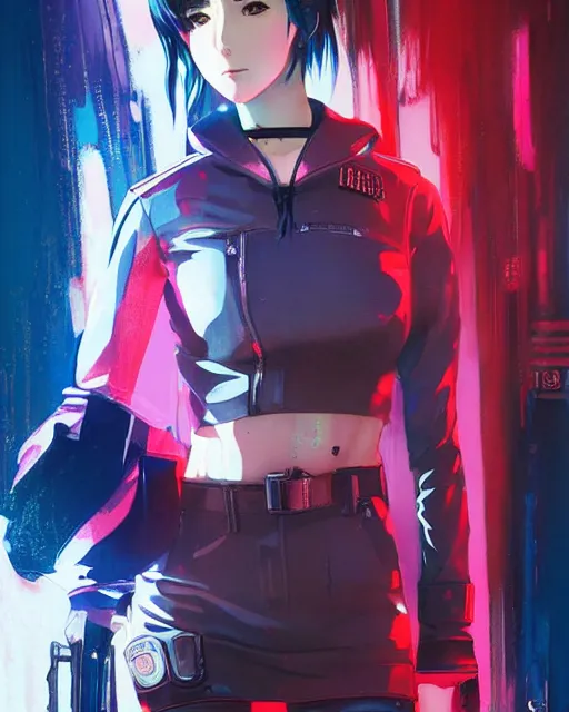 Image similar to police officer girl very very anime!!! fine face, audrey plaza, realistic shaded perfect face, fine details. anime. realistic shaded lighting cyberpunk futuristic neon tattoos styled hair reflective puffy sheen film jacket decorated poster by ilya kuvshinov katsuhiro otomo ghost in the shell magali villeneuve artgerm jeremy lipkin michael garmash rob rey