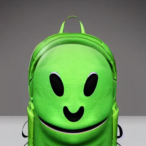 Image similar to A hyperrealistic green backpack with a face smiling, studio lighting, photoshoot, 8k, trending on artstation