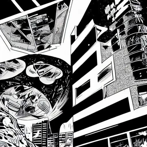 Prompt: war of alien worlds in downtown, graphic novel panels, blanc and noir