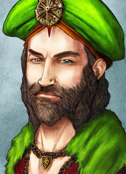 Image similar to ratfolk with beard and jewelry, green eyes, tricorne hat, green robe, D&D, digital art