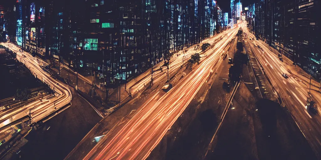 Image similar to a city street at night, raining, photograph, cars on the road, cyberpunk, sharp focus, intricate detail, drone shot, quick shutter speed