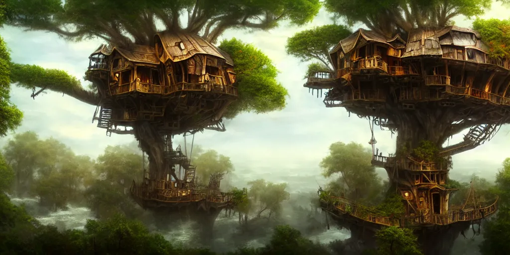 Prompt: A treehouse made out of a derelict pirate ship, the treetops of giant oaks, game art matte painting hyperdetailed, artstation, cgsociety, 8k, surreal dream landscape