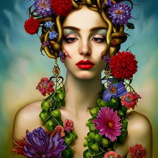 Image similar to dynamic composition, a painting of woman with hair of ( summer flowers )!! and vines wearing ornate earrings, ornate gilded details, a surrealist painting by tom bagshaw and jacek yerga and tamara de lempicka and jesse king, featured on cgsociety, pop surrealism, surrealist, dramatic lighting, wiccan, pre - raphaelite