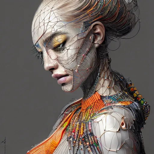 Prompt: the portrait of an absurdly beautiful, graceful, elegant, sophisticated, fashionable cyberpunk gravure idol, an ultrafine hyperdetailed illustration by kim jung gi, irakli nadar, vania zouravliov, intricate linework, bright colors, porcelain skin, unreal engine 5 highly rendered, global illumination, radiant light, detailed and intricate environment