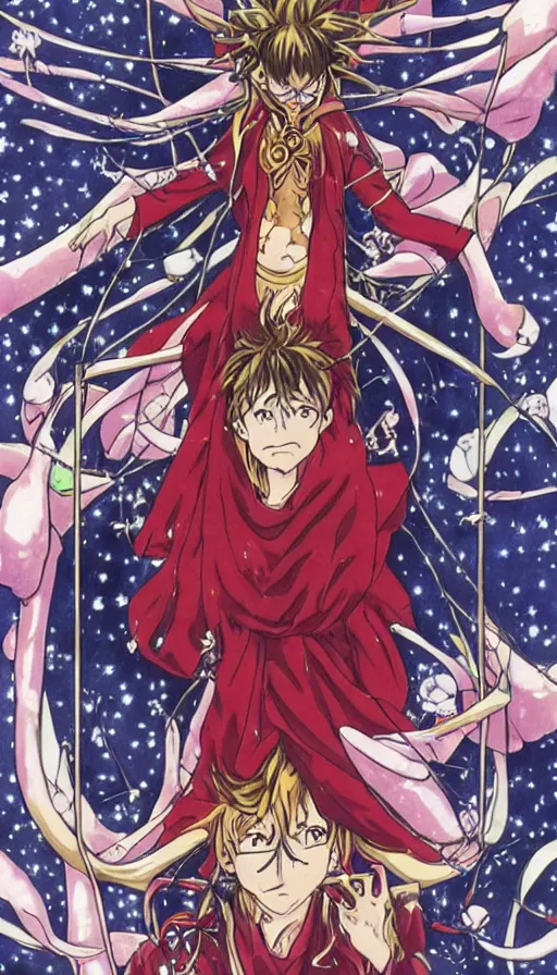 Prompt: anime tarot card based on the card Judgement, drawn by hideaki anno