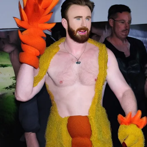 Image similar to chris evans wearing a funky chicken costume