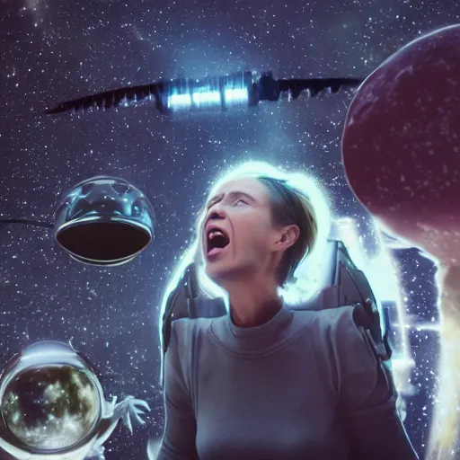 Prompt: alien Karen yelling at the cashier at an interstellar walmart, hyperrealistic 8K HD,