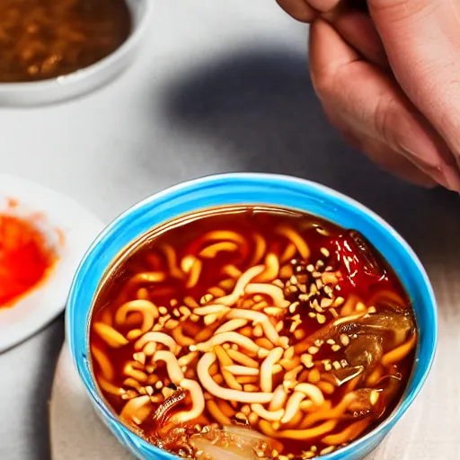 Image similar to a close up picture of a man eating shin ramyun from a cup high detailed, 4 k