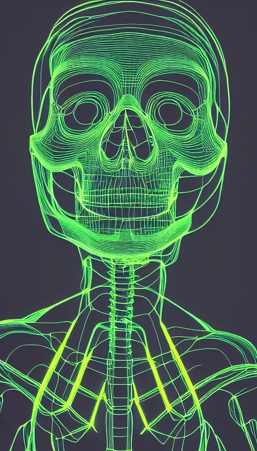 Image similar to skeleton made of neon lights, portrait, 3 d cartoon, pixar, sharp focus, film grain