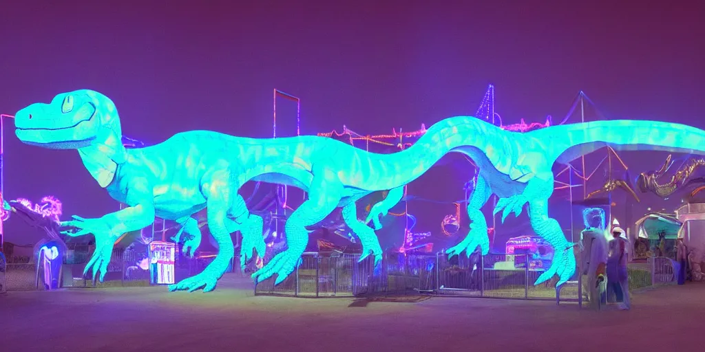 Prompt: glowing hologram dinosaur at the county fair by makoto shinkai