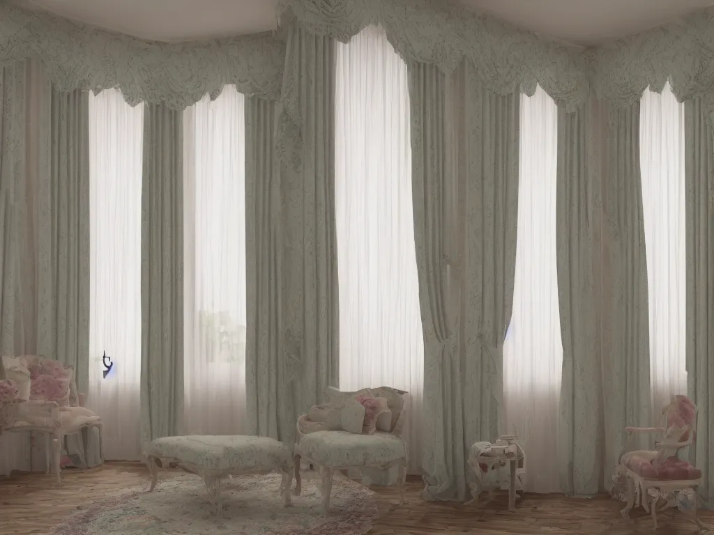 Image similar to 3D render of vintage interior house with very large curtains , High detail, Octane Render, faded colors, pastel colors , lens 35mm, f 8,