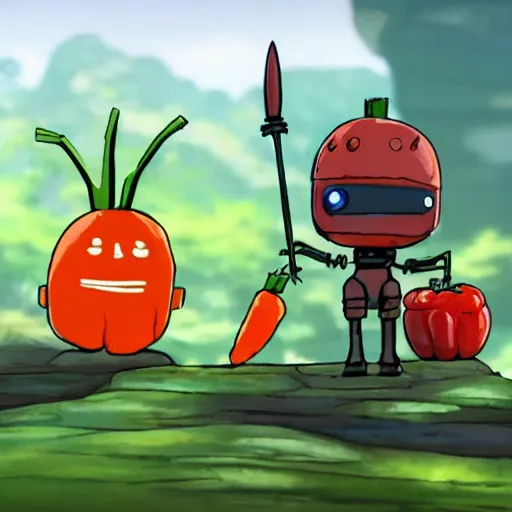 Image similar to cute little robot made of vegetables, tomato head and a carrot sword, made in abyss style standing on a forest