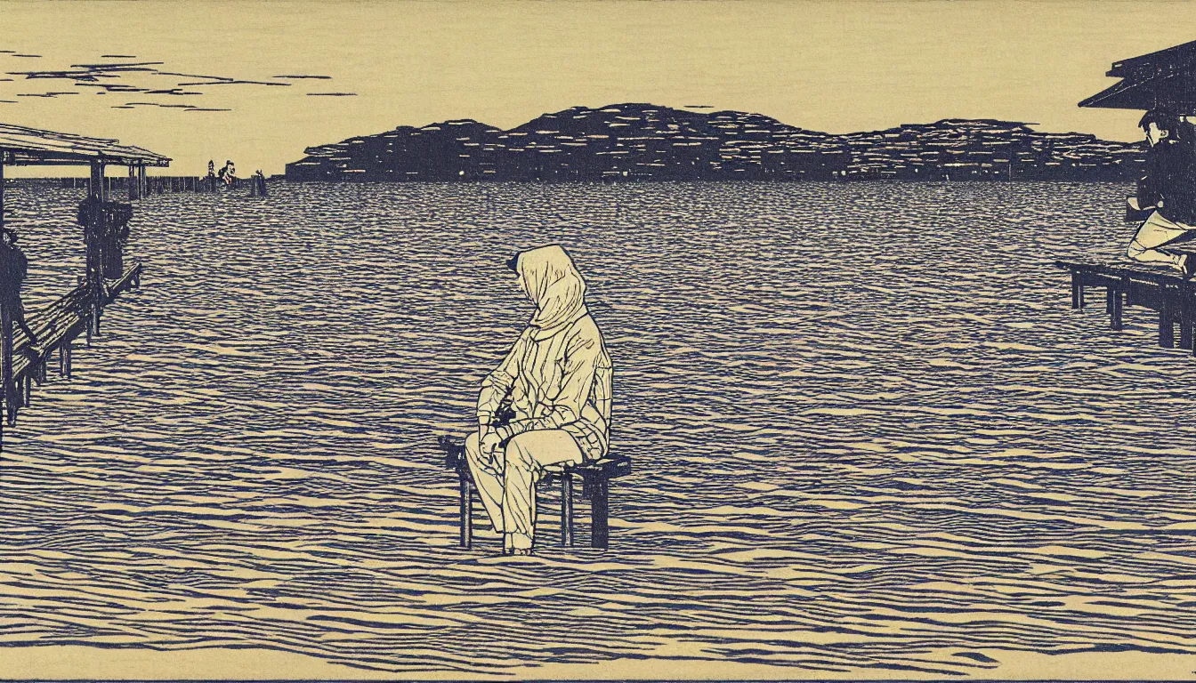 Prompt: sitting at the end of the dock by woodblock print, moebius