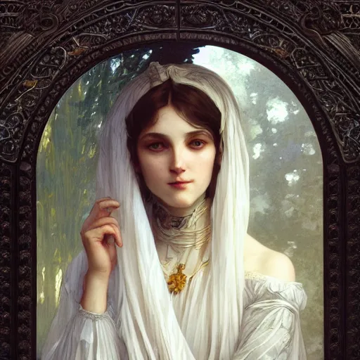 Image similar to portrait of victorian gothic lady, intricate, elegant, highly detailed, digital painting, artstation, concept art, smooth, sharp focus, illustration, art by artgerm and greg rutkowski and alphonse mucha and william - adolphe bouguereau