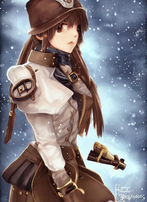 Image similar to girl with steampunk weapons and uniform, serious, intense, finely detailed, made by artgerm, full body portrait, illustration, snow, snowing, cloudy, anime, side view, perfect anime face, realistic face, zoomed out, smooth, brown eyes, high waisted shorts, sharp focus, key visual of your name