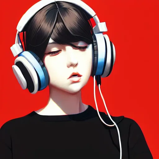 Prompt: a woman with headphones on, digital painting masterpiece, by ilya kuvshinov and rockin'jelly bean