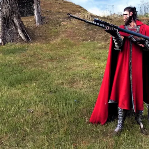 Prompt: Orc male readies his rifle, staring down the telescopic sights. His red and gold cape fluffers in the wind, and his renaissance era armor glistens in the sunshine.