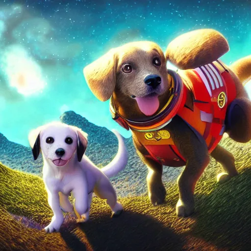 Image similar to dog character 1 1, small puppy, rich dog, high quality image, smart dog, dog with gun, dog in space, illustration, dog in mountain, soft, concept art, intricate details, highly detailed, colorful, photorealistic, disney pixar, octane render, iridescent, anime, 8 k