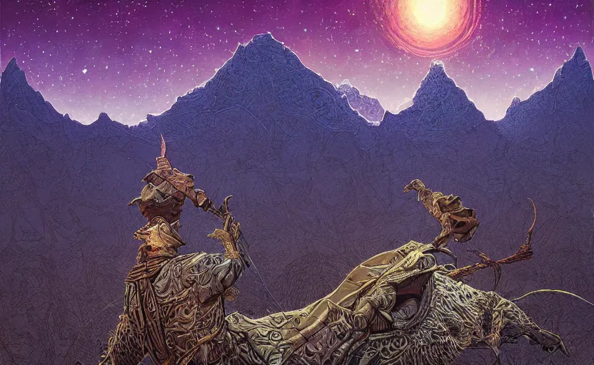 Prompt: mountains, stars and paisley filled sky, artstation, intricate, highly detailed, digital painting, concept art, sharp focus, illustration by Michael Whelan and James Jean