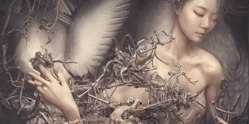 Prompt: hyperrealistic photography of a highly detailed and symmetrical gorgeous female angel constructing a birth machine in the style of Jin Kagetsu, James Jean and wlop, highly detailed, face symmetry, masterpiece, award-winning, sharp focus, intricate concept art, ambient lighting, 8k, artstation