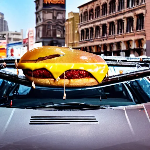 Image similar to a cheeseburger car automobile with burger wheels and melted cheese over the windshield, highly detailed stage photography of food