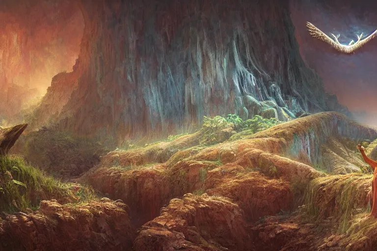 Image similar to amazing concept painting, by Jessica Rossier and HR giger and Beksinski, prophecy, hallucination, cliff face terraces of fantasy foliage, Angel of the LORD, Adam, Eve, Serpent, garden of eden, lush fruit orchard stream and rock garden