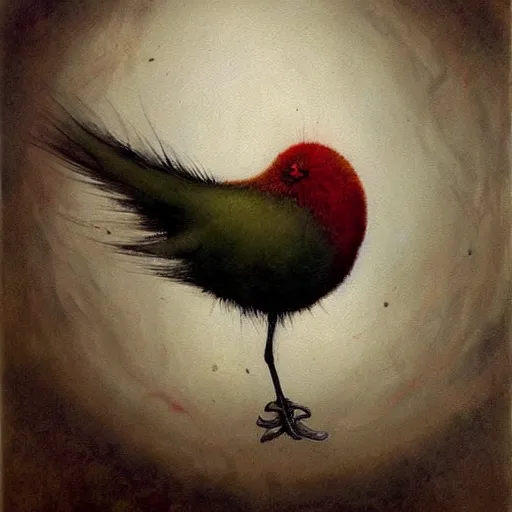 Image similar to an oil painting of a kiwi bird by esao andrews. circa survive album cover art. dark. muted colors. gothic. oil painting with brush strokes. creepy.