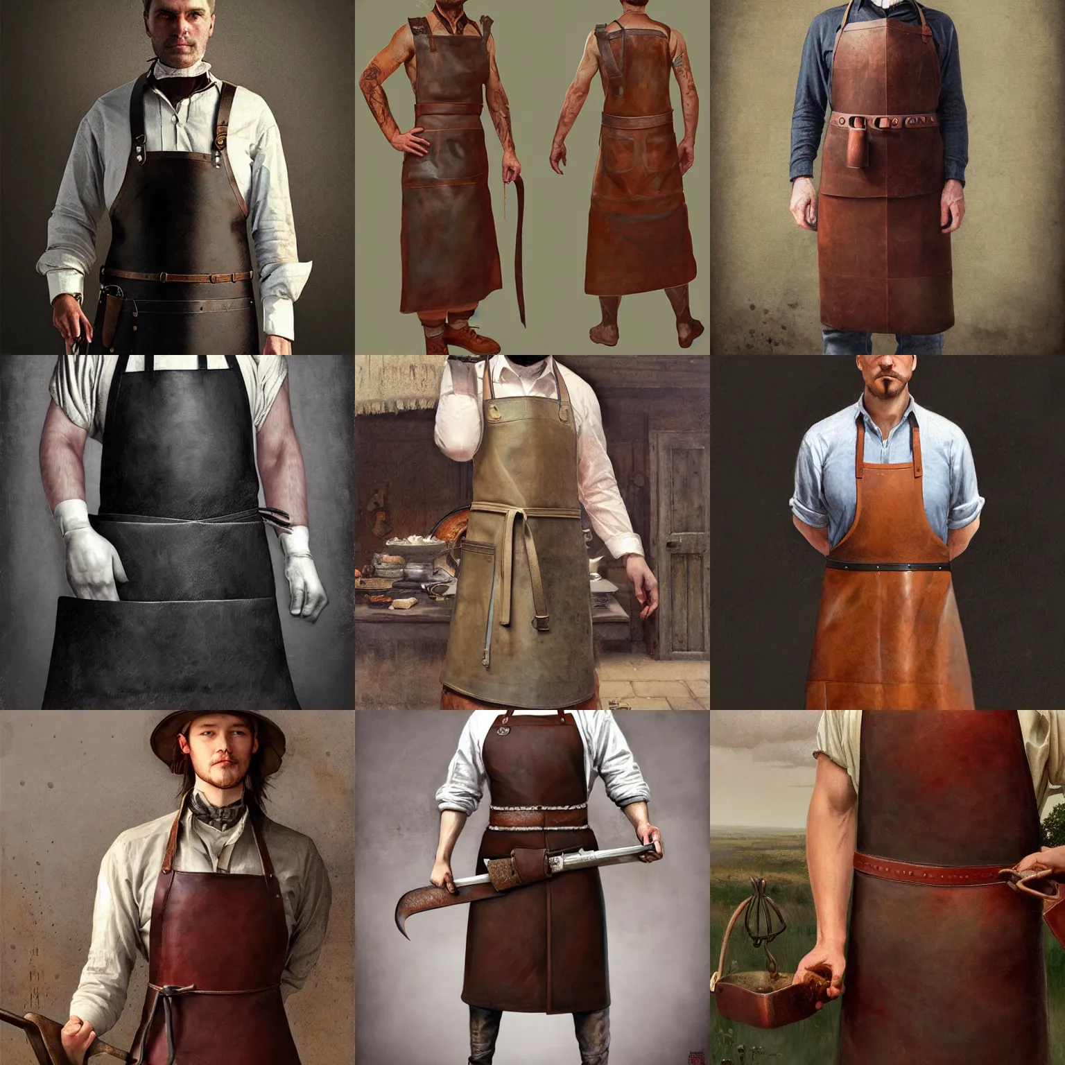 Prompt: butcher leather apron 1 9 century, with species on belt, half - life style, character sheet, full body, highly detailed, digital painting, artstation, concept art, smooth, sharp focus, illustration, artstation, art by giger and greg rutkowski and hikari shimoda and edmund blair leighton and charlie bowater