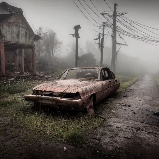 Prompt: apocalyptic, ruined town, abandoned streets, littered, decrepit homes and sheds on the side of the road, slowly being reclaimed by nature. rusted tesla car. fog, dew, rain, volumetric lighting, beautiful, summer morning dew, sharp focus, ultra detailed, cgsociety - w 1 0 2 4 - n 8 - i