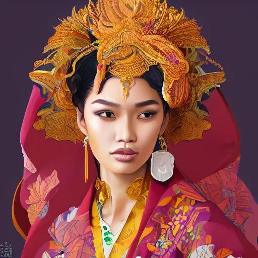 Image similar to portrait of an indonesian supermodels wearing traditional costume, highly detailed, digital painting, artstation, concept art, sharp focus, illustration, art by kittichai rueangchaichan and james gurney and alphonse mucha