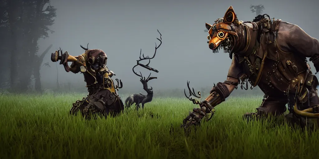 Image similar to gamekeeper wearing a steampunk and neonpunk mechanical fluorescent mystical animal mask in strange misty estuary landscape fight with werewolf, night, realism in style of fornite game, 4 k, octane render, award winning photograph, epic cinematic shot, perfectly defined features, ambient occlusion
