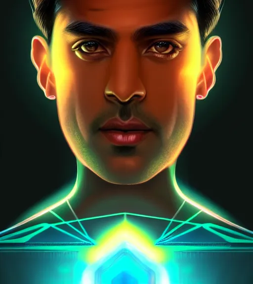 Image similar to symmetry!! indian prince of technology, solid cube of light, hard edges, product render retro - futuristic poster scifi, lasers and neon circuits, brown skin handsome indian prince, intricate, elegant, highly detailed, digital painting, artstation, concept art, smooth, sharp focus, illustration, dreamlike, art by artgerm