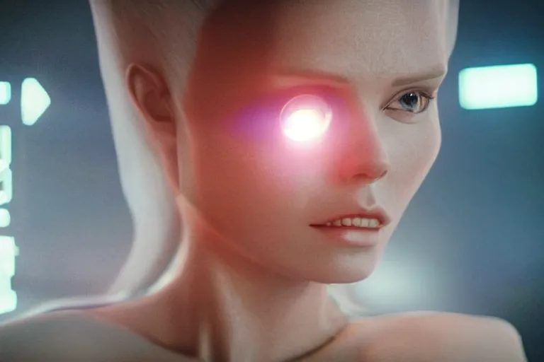 Image similar to VFX movie of a futuristic space woman model gorgeous portrait in inhuman future spaceship, beautiful natural skin natural lighting by Emmanuel Lubezki