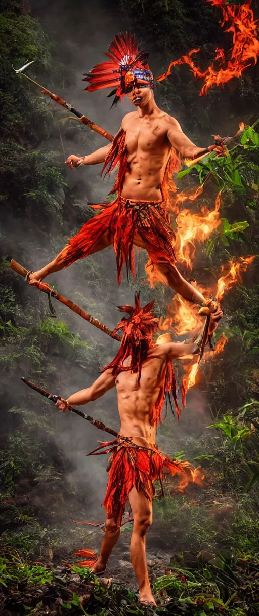 Image similar to young man, flaming hair, indigenous body paint and clothing, Amazon rainforest background, crescent moon, night, angry, red eyebrows, action pose, holding spear, in the style of Fenghua Zing and Ruan Jia and Jeremy Looking and Peter Mohrbacher