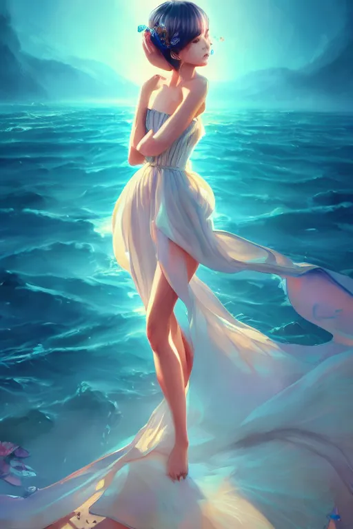 Image similar to a beautiful fashion goddness of love, chic strapless dress, tropical sea background, character design, in the style of artgerm, and wlop, cinematic lighting, hyperdetailed, 8 k realistic, symmetrical, global illumination, radiant light, frostbite 3 engine, cryengine, dof, trending on artstation, digital art