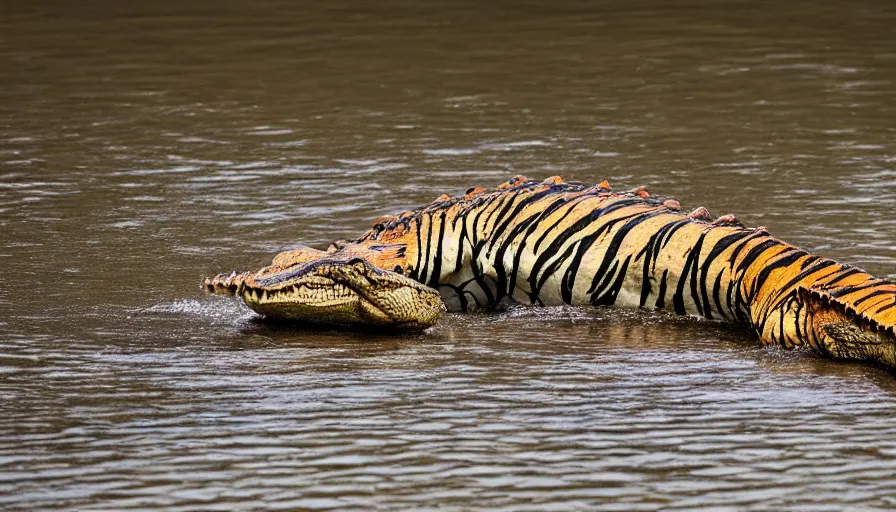 Image similar to an alligator tiger!!! hybrid! hyper realistic!! realistic lighting!! wildlife photographer of the year!!! bold natural colors, national geographic, hd, wide angle, 8 k