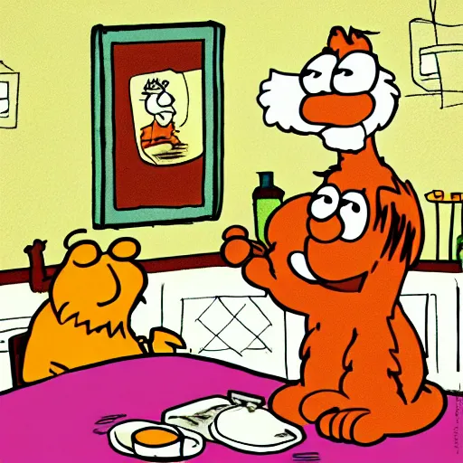 Prompt: jon and garfield at the kitchen table by jim davis