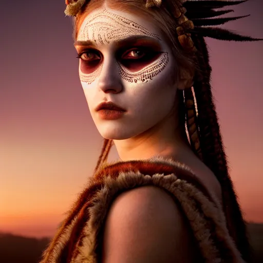 Image similar to photographic portrait of a stunningly beautiful renaissance female with tribal emo makeup in soft dreamy light at sunset, contemporary fashion shoot, by edward robert hughes, annie leibovitz and steve mccurry, david lazar, jimmy nelsson, breathtaking, 8 k resolution, extremely detailed, beautiful, establishing shot, artistic, hyperrealistic, beautiful face, octane render