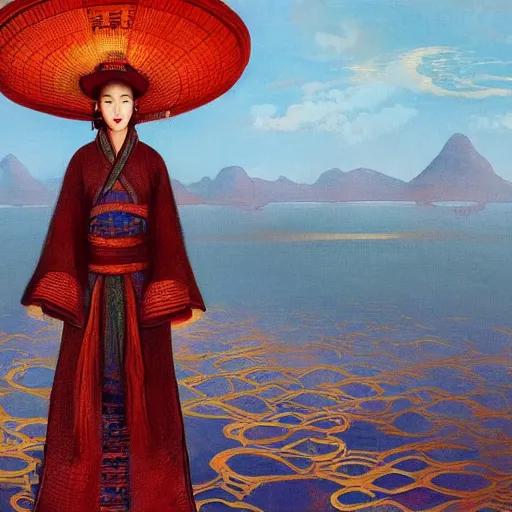 Prompt: woman wearing a chinese hat stands on floating land. she looks down below the land. by jon foster
