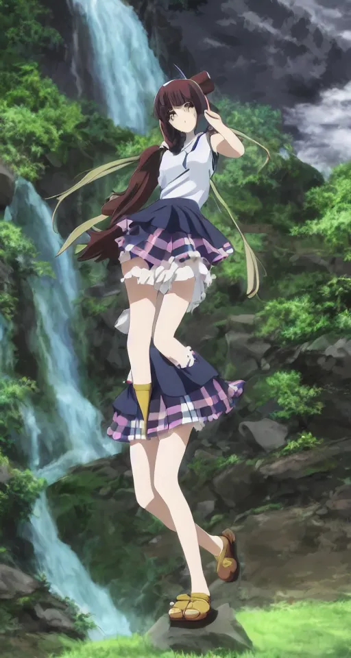 Image similar to high quality anime-style image of Hestia from Is It Wrong to Try to Pick Up Girls in a Dungeon wearing a plaid schoolgirl skirt, green curled pigtails hair, standing near a waterfall, 4k, digital art, wallpaper